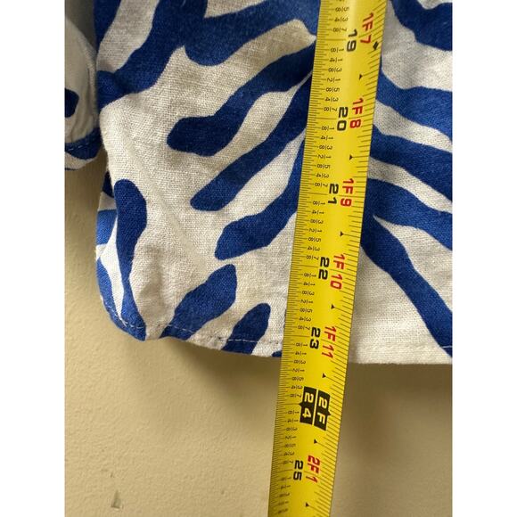 Size Large Linen Blend Resort Blue Boho Tropical Pool Vacation Ruffle Blouse Top - Picture 10 of 11